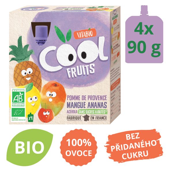 VITABIO OVOCNÉ BIO KAPSIČKY COOL FRUITS JABLKO, MANGO, ANANAS A ACEROLA 4X90G - DO TAŠKY NA VYCHÁZKU - PRE MAMIČKY