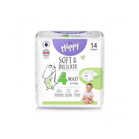 BELLA BABY HAPPY SOFT&DELICATE 4 MAXI 8-14KG 14KS - JEDNORÁZOVÉ PLENY - PŘEBALOVÁNÍ