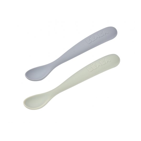 BEABA PRVNÍ LŽIČKY SILIKONOVÉ 2 KS S POUZDREM PEBBLE GREEN - LŽIČKY A PŘÍBORY - KRMENÍ