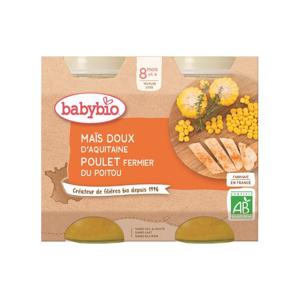 BABYBIO SLADKÁ KUKUŘICE S KUŘECÍM MASEM 2X200 G - MASO/ZELENINA - KRMENÍ