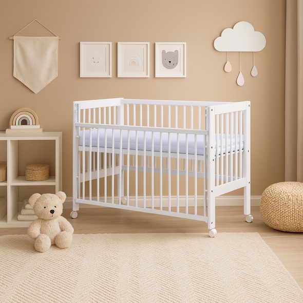 SCARLETT DĚTSKÁ POSTÝLKA SCARLETT KAMILA - BÍLÁ (BOROVICE) - STAHOVACÍ + VÁLENDOVÁ BOČNICE - 120 X 60 CM - DŘEVĚNÉ POSTÝLKY - SPINKÁNÍ