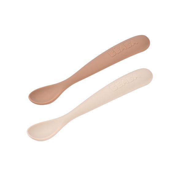 BEABA PRVNÍ LŽIČKY SILIKONOVÉ 2 KS S POUZDREM CLAY PRALINE - LŽIČKY A PŘÍBORY - KRMENÍ