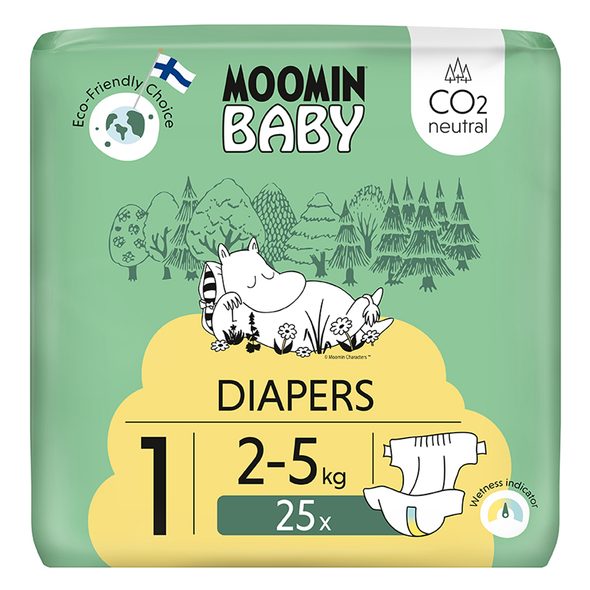 MOOMIN BABY 1 NEWBORN 2–5 KG (75 KS), MĚSÍČNÍ BALENÍ EKO PLEN + KOŠ ZDARMA - JEDNORÁZOVÉ PLENY - PŘEBALOVÁNÍ