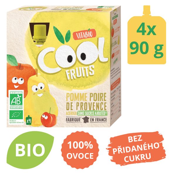 VITABIO OVOCNÉ BIO KAPSIČKY COOL FRUITS JABLKO, HRUŠKA A ACEROLA 4X90G - DO TAŠKY NA VYCHÁZKU - PRO MAMINKY