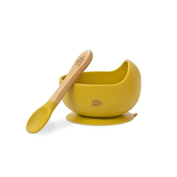 INTERBABY MISKA SILIKONOVÁ + LŽIČKA SILIKONOVÁ +4 M - OKROVÁ - MISKY, TALÍŘKY A PODLOŽKY - KRMENÍ