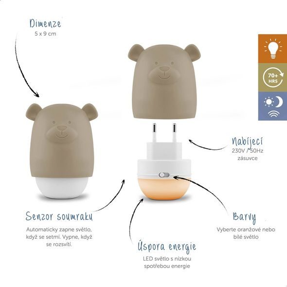 ZAZU MEDVÍDEK BENNY HNĚDOŠEDÝ - NOČNÍ SVĚTLO SE SENZOREM SOUMRAKU - NOČNÍ SVĚTLA - SPINKÁNÍ