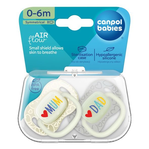 CANPOL BABIES DUDLÍK SVÍTÍCÍ SILIKONOVÝ SYMETRICKÝ LOVE MUM&DAD 0-6M 2KS - ŠIDÍTKA A DOPLŇKY - KRMENÍ