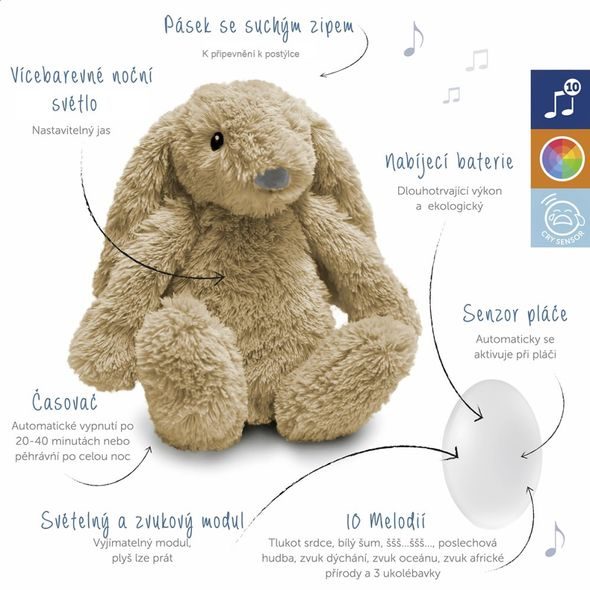 ZAZU KRÁLÍČEK RO BÉŽOVÝ - ŠUMÍCÍ ZVÍŘÁTKO S NOČNÍM SVĚTLEM A USB NABÍJENÍM - USÍNÁČCI ŠUMÍCÍ / S TLUKOTEM - PRO DĚTI