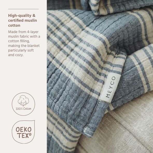 MEYCO DEKA Z PŘEDEPRANÉHO MUŠELÍNU A ŽAKÁRU 100X150 - STRIPE INDIGO - DĚTSKÉ DEKY PRO MIMINKA - SPINKÁNÍ
