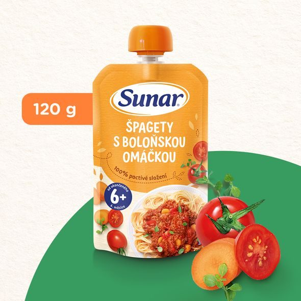 SUNAR PŘÍKRM ŠPAGETY S BOLOŇSKOU OMÁČKOU 6M+ 120G - KAPSIČKY - KRMENÍ