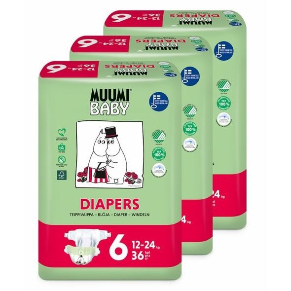 MUUMI BABY 6 JUNIOR 12–24 KG (108 KS), MĚSÍČNÍ BALENÍ EKO PLEN - JEDNORÁZOVÉ PLENY - VŠETKO NA PREBAĽOVANIE