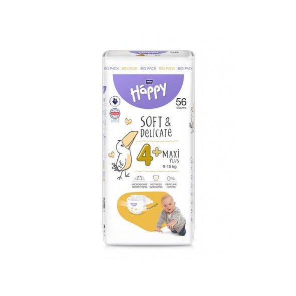 BELLA BABY HAPPY SOFT&DELICATE 4+ MAXI PLUS 9-15KG 56KS - JEDNORÁZOVÉ PLENY - VŠETKO NA PREBAĽOVANIE