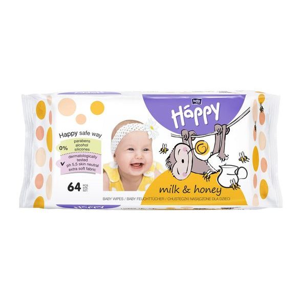 BELLA BABY HAPPY VLHČENÉ UBROUSKY MLÉKO & MED 64KS - VLHČENÉ UBROUSKY - PŘEBALOVÁNÍ