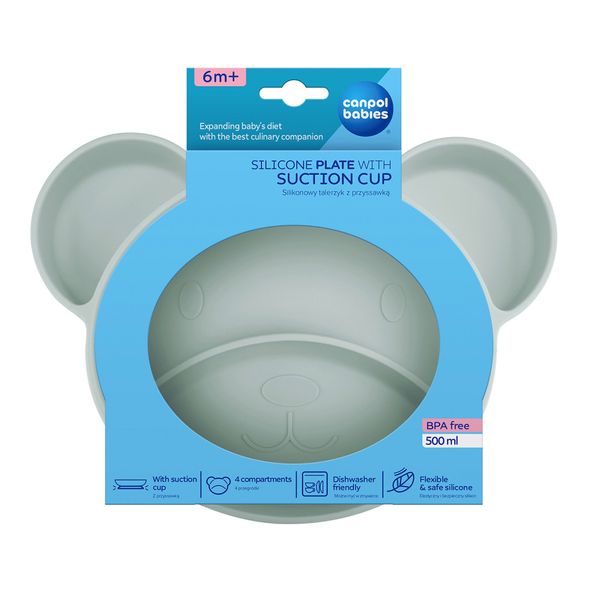 CANPOL BABIES SILIKONOVÝ DĚLENÝ TALÍŘ S PŘÍSAVKOU MEDVÍDEK ZELENÝ - MISKY, TALÍŘKY A PODLOŽKY - KRMENÍ