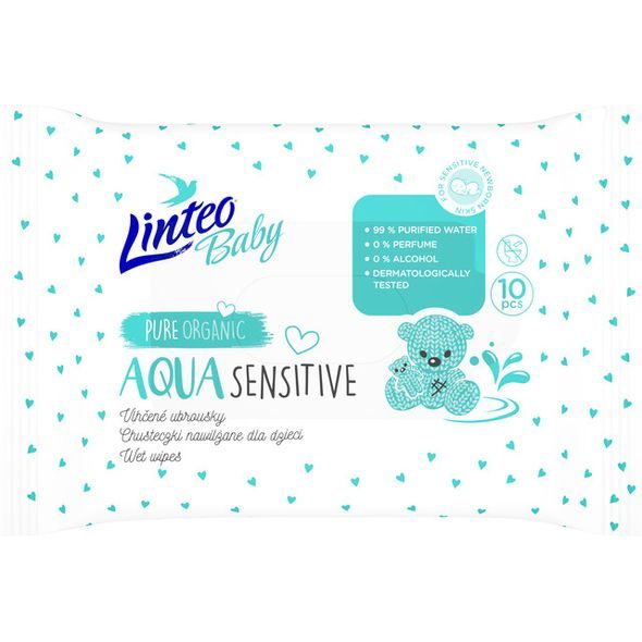 LINTEO BABY VLHČENÉ UBROUSKY AQUA SENSITIVE 10KS - VLHČENÉ UBROUSKY - VŠETKO NA PREBAĽOVANIE