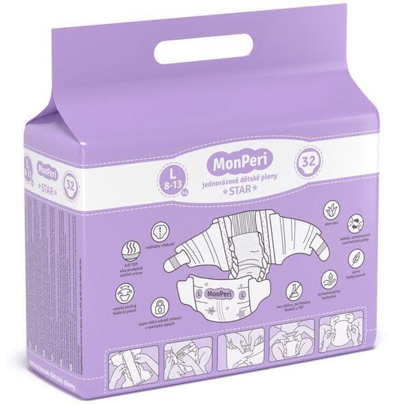 MONPERI STAR L 8-13KG (32KS) HYPOALERGENNÍ JEDNORÁZOVÉ DĚTSKÉ PLENY VEL.4 - JEDNORÁZOVÉ PLENY - PŘEBALOVÁNÍ