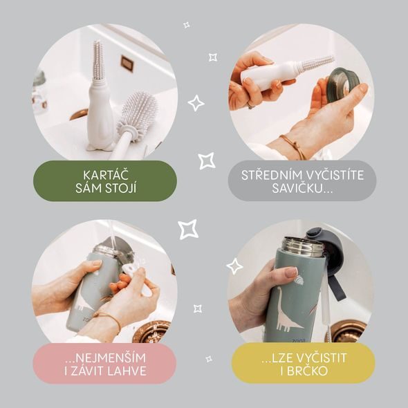 ZOPA SILIKONOVÝ KARTÁČ NA DĚTSKOU LAHEV 3V1 - KARTÁČE NA LAHVE - KRMENÍ