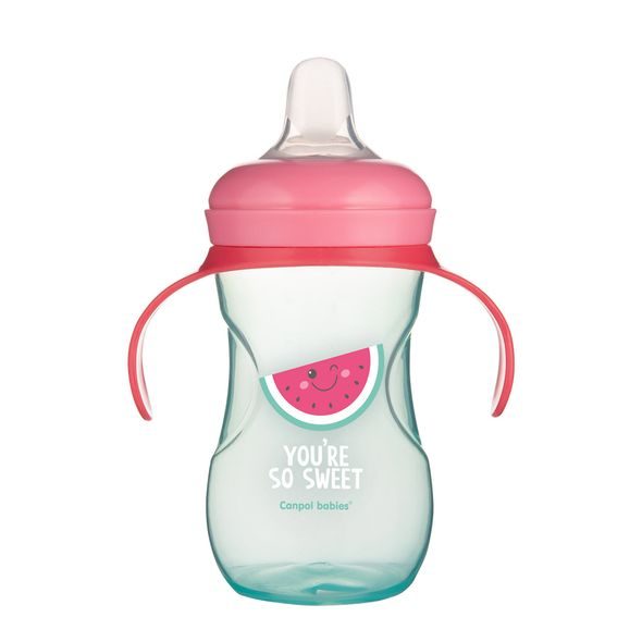 CANPOL BABIES TRÉNINKOVÝ HRNÍČEK SE SILIKONOVÝM PÍTKEM A ÚCHYTY SO COOL MELOUN 270 ML - DĚTSKÉ HRNEČKY - KRMENÍ