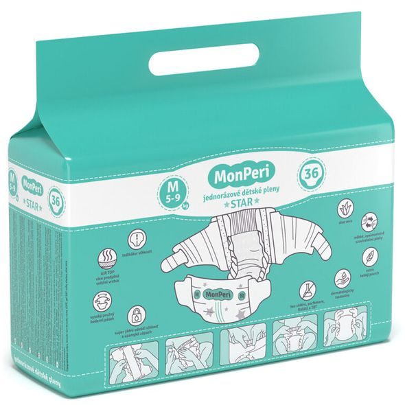 MONPERI STAR M 5-9KG (36KS) HYPOALERGENNÍ JEDNORÁZOVÉ DĚTSKÉ PLENY VEL.3 - JEDNORÁZOVÉ PLENY - PŘEBALOVÁNÍ