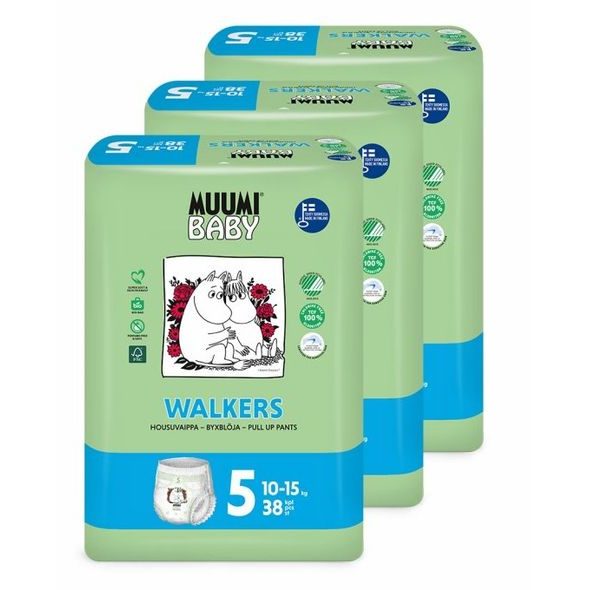 MUUMI BABY WALKERS 5 MAXI+ 10-15 KG (114 KS), MĚSÍČNÍ BALENÍ KALHOTKOVÝCH EKO PLEN - JEDNORÁZOVÉ PLENY - VŠETKO NA PREBAĽOVANIE