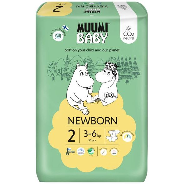 MUUMI BABY 2 NEWBORN 3–6 KG (58 KS), EKO PLENY - JEDNORÁZOVÉ PLENY - PŘEBALOVÁNÍ