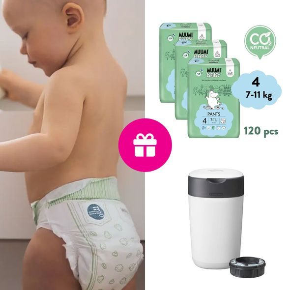 MUUMI BABY PANTS 4 MAXI 7-11 KG (120 KS), MĚSÍČNÍ BALENÍ KALHOTKOVÝCH EKO PLEN + KOŠ ZDARMA - JEDNORÁZOVÉ PLENY - PŘEBALOVÁNÍ