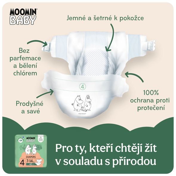 MOOMIN BABY 4 MAXI 7–14 KG (42 KS), EKO PLENY - JEDNORÁZOVÉ PLENY - PŘEBALOVÁNÍ