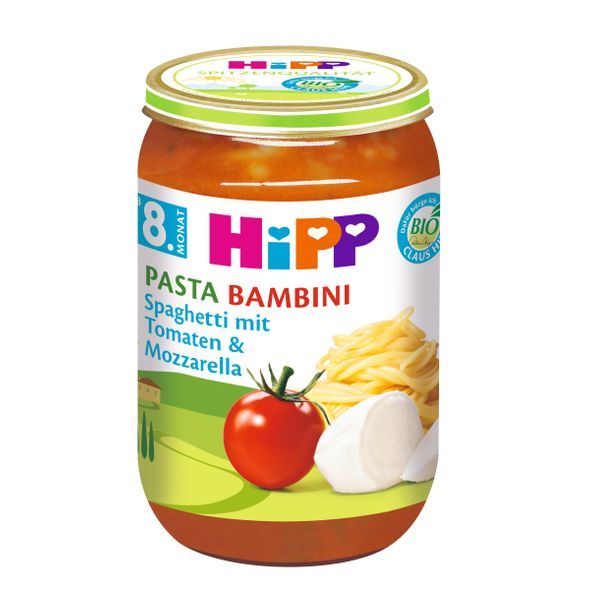 HIPP BIO RAJČATA SE ŠPAGETAMI A MOZZARELLOU- PASTA BAMBINI - BEZMASÝ - MASO/ZELENINA - KRMENÍ