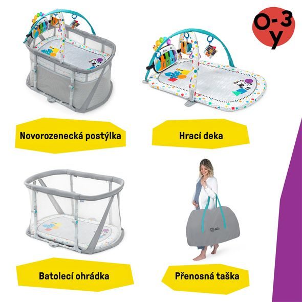 BABY EINSTEIN POSTÝLKA S OHRÁDKOU NA HRANÍ A KLAVÍREM 3V1 KICK & SNOOZE™ 0M+ - HRACÍ DEKY - PRO DĚTI