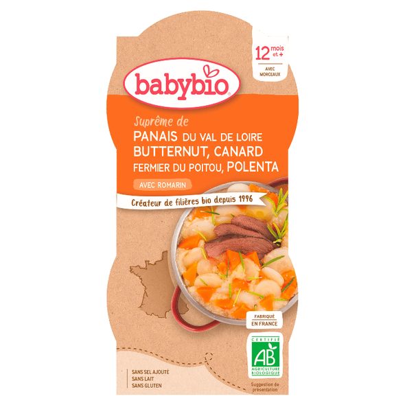 BABYBIO PASTINÁK S MÁSLOVOU DÝNÍ, KACHNOU A POLENTOU 2X200 G - MASO/ZELENINA - KRMENÍ