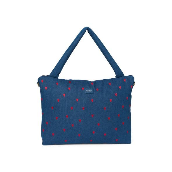 STUDIO NOOS DENIM DIAPER BAG - PŘEBALOVACÍ TAŠKA | DARK BLUE RED HEARTS - PŘEBALOVACÍ TAŠKY - KOČÁRKY A PŘÍSLUŠENSTVÍ