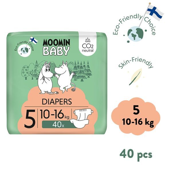 MOOMIN BABY 5 MAXI 10–16 KG (40 KS), EKO PLENY - JEDNORÁZOVÉ PLENY - PŘEBALOVÁNÍ