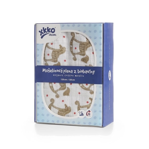 KIKKO XKKO ORGANIC BIO BAVLNĚNÁ PLENA 120X120 ROCKING HORSES GOLD - ZAVINOVACÍ PLENY / OSUŠKY VELKÉ - PŘEBALOVÁNÍ