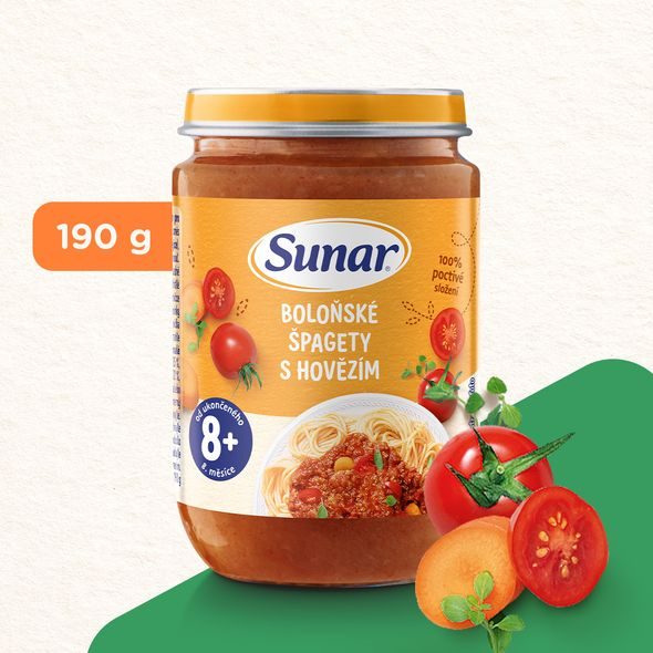 SUNAR PŘÍKRM ŠPAGETY S BOLOŇSKOU OMÁČKOU 8M+ 190G - MASO/ZELENINA - KRMENÍ