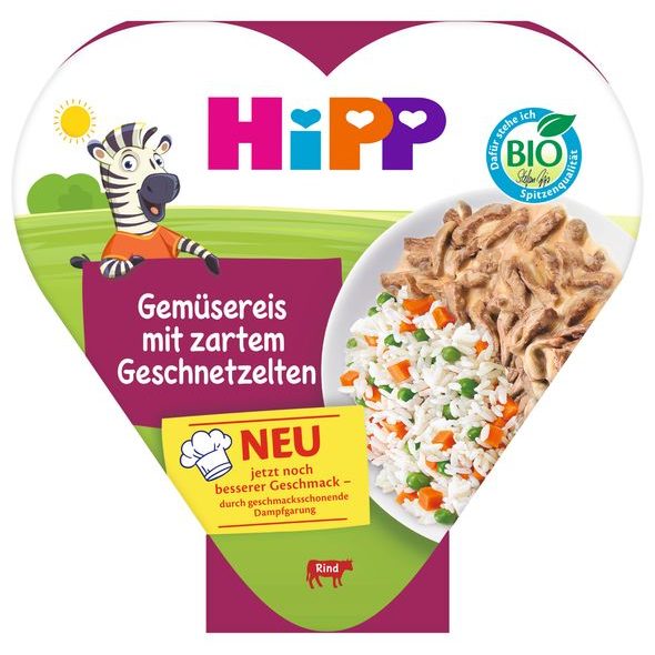 HIPP BIO RÝŽE SE ZELENINOU A HRÁŠKEM A JEMNĚ NAKRÁJENÝM HOVĚZÍM MASEM 250 G - EXPIRACE 30.10.2026 - MASO/ZELENINA - KRMENÍ