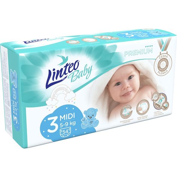 LINTEO BABY PLENKY PREMIUM MIDI 54KS - JEDNORÁZOVÉ PLENY - VŠETKO NA PREBAĽOVANIE