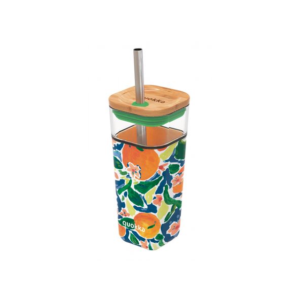QUOKKA SKLENĚNÝ CESTOVNÍ HRNEK S BRČKEM LIQUID CUBE ORANGES 540 ML - SPORTOVNÍ LAHVE - KRMENÍ