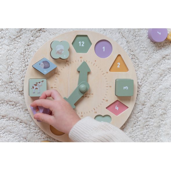 LITTLE DUTCH HODINY S PUZZLE KOSTKAMI DŘEVĚNÉ FARMA - VKLÁDÁNÍ TVARŮ - PRO DĚTI