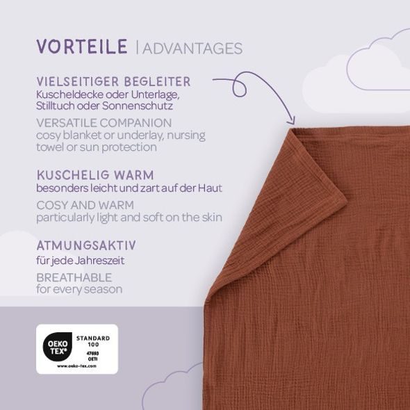 TRÄUMELAND MUŠELÍNOVÁ DEKA 100 X 75 CM TERRAKOTTA - DĚTSKÉ DEKY PRO MIMINKA - SPINKÁNÍ