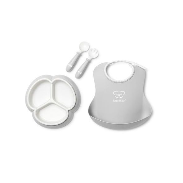 BABYBJÖRN 4 DÍLNÝ JÍDELNÍ SET S DĚLENÝM TALÍŘKEM ŠEDÝ - VÝHODNÉ SADY - KRMENÍ