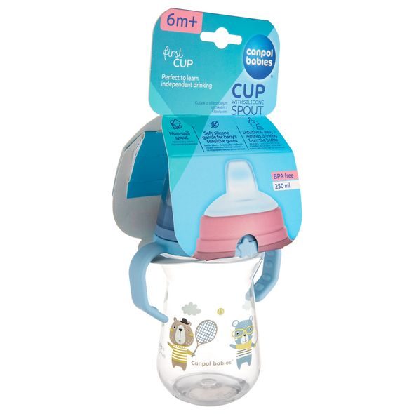 CANPOL BABIES HRNEČEK SE SILIKONOVÝM PÍTKEM FIRSTCUP BONJOUR PARIS 250ML MODRÝ - DĚTSKÉ HRNEČKY - KRMENÍ