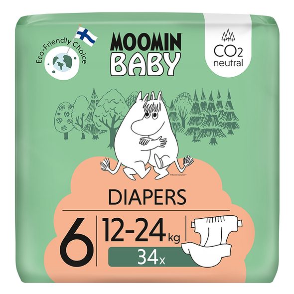 MOOMIN BABY 6 MAXI 12–24 KG (34 KS), EKO PLENY - JEDNORÁZOVÉ PLENY - PŘEBALOVÁNÍ