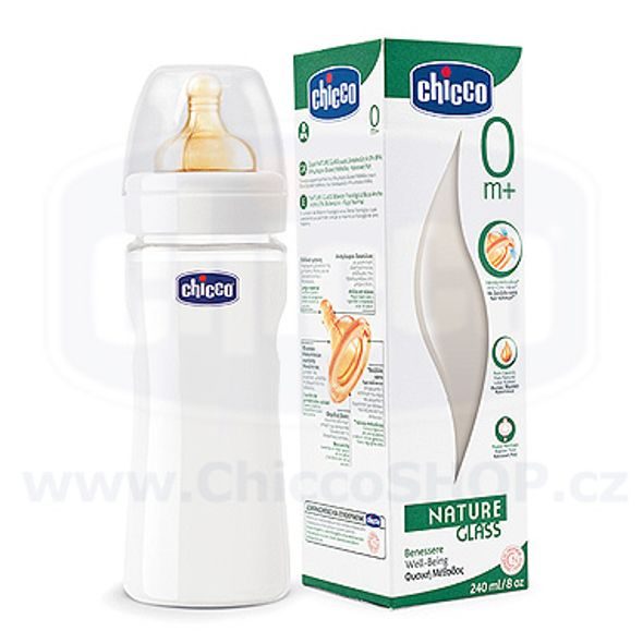 CHICCO FYZIOLOGICKÁ SKLENĚNÁ LÁHEV, 240ML, KAUČUKOVÝ DUDLÍK 0+ - KOJENECKÉ LAHVE - KRMENÍ