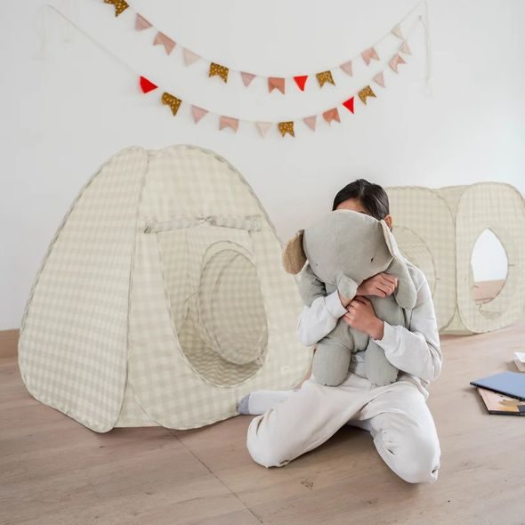 3 SPROUTS DĚTSKÝ STAN A TUNEL 3V1 RECYCLED GINGHAM BEIGE - UV STANY - PRO DĚTI