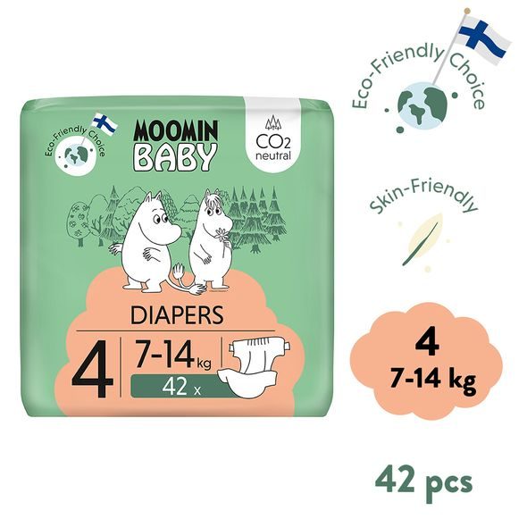 MOOMIN BABY 4 MAXI 7–14 KG (42 KS), EKO PLENY - JEDNORÁZOVÉ PLENY - PŘEBALOVÁNÍ