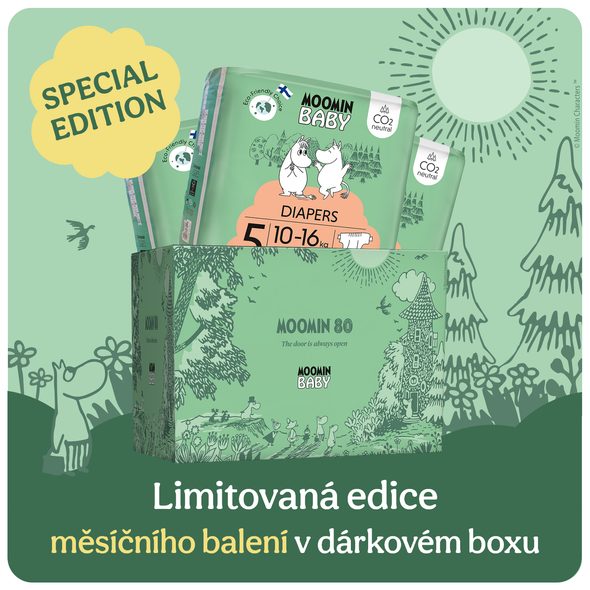 MOOMIN BABY 5 MAXI 10–16 KG (120 KS), JUBILEJNÍ MĚSÍČNÍ BALENÍ EKO PLEN V DÁRKOVÉM BOXU - JEDNORÁZOVÉ PLENY - PŘEBALOVÁNÍ