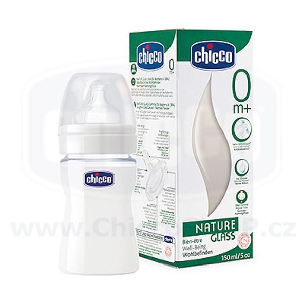 CHICCO FYZIOLOGICKÁ SKLENĚNÁ LÁHEV,150ML,SILIKONOVÝ DUDLÍK 0+M - KOJENECKÉ LAHVE - KRMENÍ
