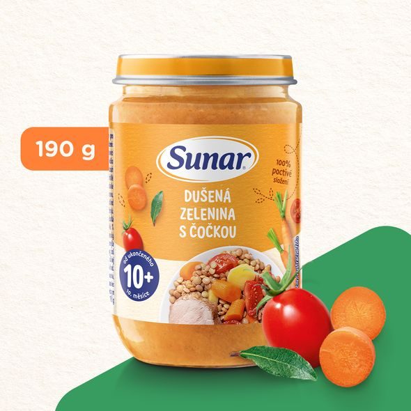 SUNAR PŘÍKRM DUŠENÁ ZELENINA S ČOČKOU 10M+ 190G - MASO/ZELENINA - KRMENÍ