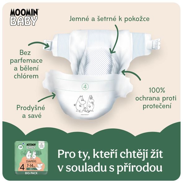 MOOMIN BABY 4 MAXI 7-14 KG (63 KS), EKO PLENKY - JEDNORÁZOVÉ PLENY - PŘEBALOVÁNÍ