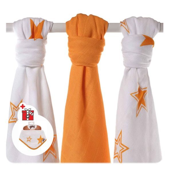 KIKKO BAMBUSOVÉ PLENY XKKO BMB 70X70 ORANGE STARS MIX 3KS - LÁTKOVÉ PLENY SKLÁDANÉ - PŘEBALOVÁNÍ